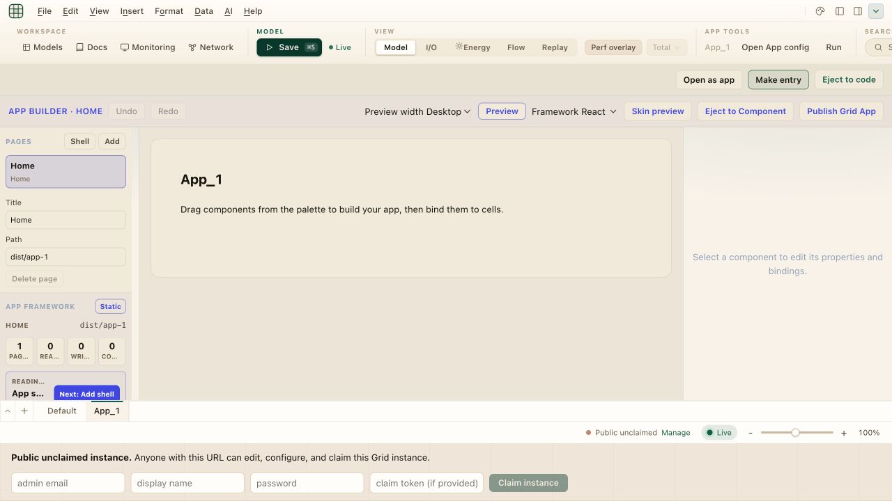 A newly created blank App surface before its first rename
